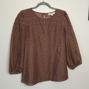 LOFT Brown Tan Polka Dot Long Sleeve Blouse Small